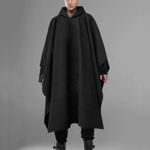 Poncho Homme Long à Capuche Noir pour Automne et Hiver