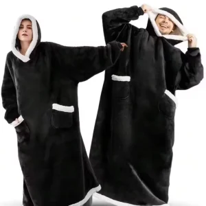Poncho Plaid Polaire Noir à Capuche – Ultra Doux et Chaud