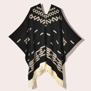 Cape Homme Noire à Franges en Maille Chaude pour Automne et Hiver