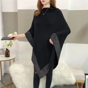 Poncho Femme Noir en Maille Élégant pour Automne et Hiver