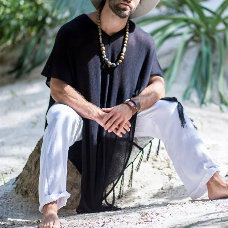 Poncho Homme Noir Léger à Franges – Image 4