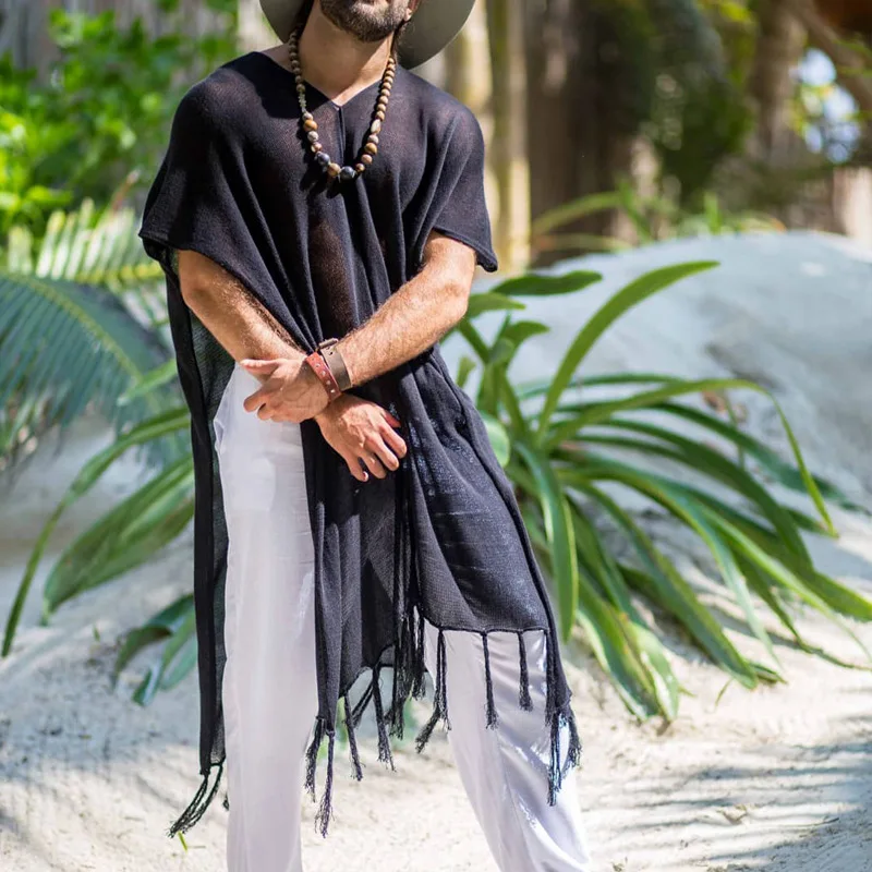 Poncho Homme Noir Léger à Franges