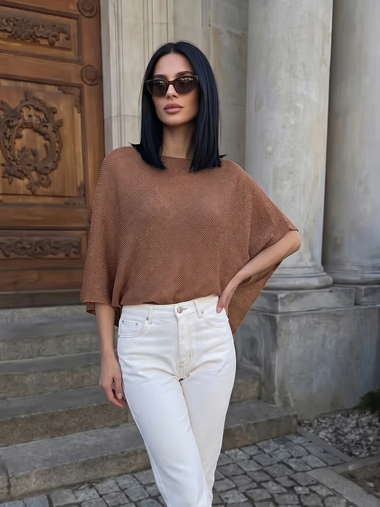 Poncho Femme Léger en Maille Marron pour Plage et Été – Image 3