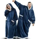 Poncho Plaid Polaire Bleu Marine à Capuche – Ultra Doux et Chaud