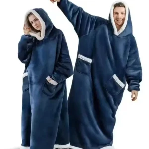 Poncho Plaid Polaire Bleu Marine à Capuche – Ultra Doux et Chaud