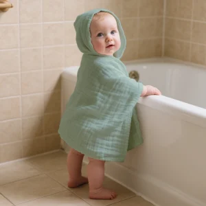 Poncho de Bain Bébé à Capuche en Gaze de Coton