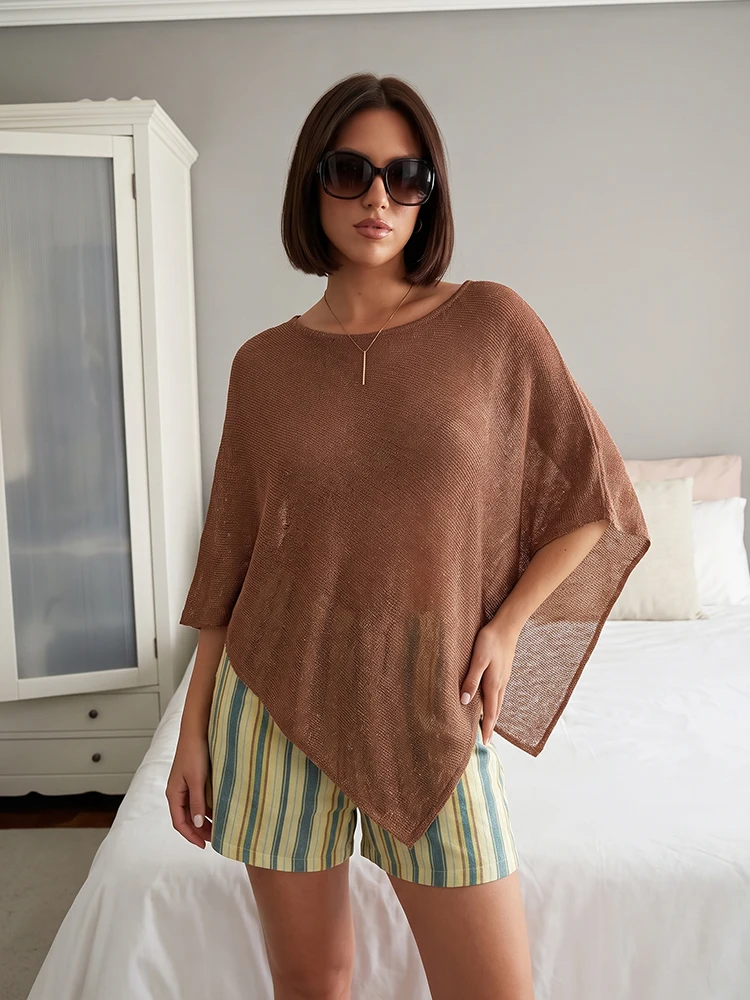 Poncho Femme Léger en Maille Marron pour Plage et Été – Image 2